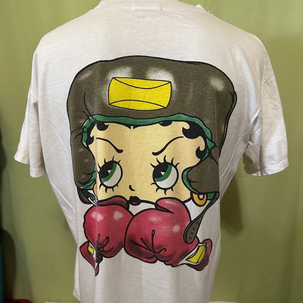 Vintage Betty Boop Boxing Men's White T Shirt Double Sided Graphics Size Large
